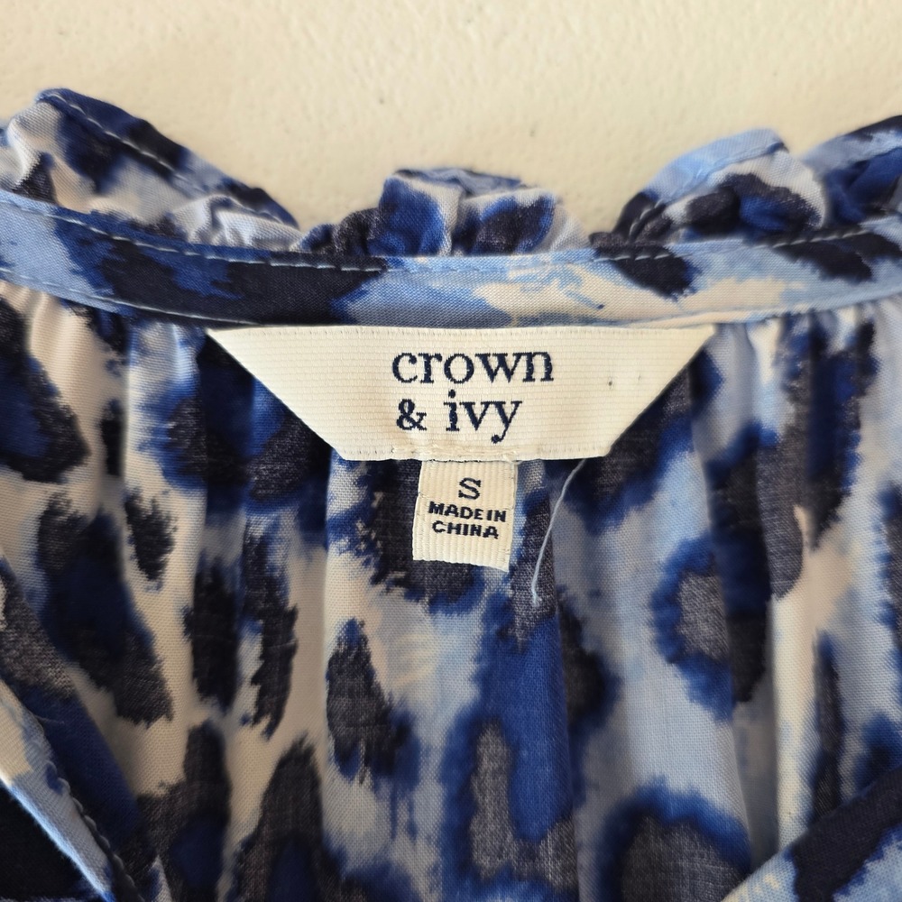Crown & Ivy Dress Womens Small Blue Leopard Print Long Balloon Sleeve Mini Boho - Picture 11 of 12